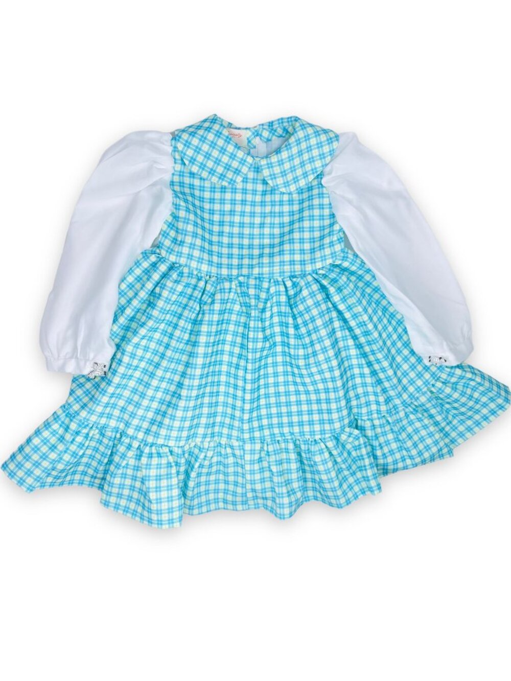 Vintage Girls Teal Green Plaid Long Puff Sleeve Collared Party Twirl Dress 4 - 6
